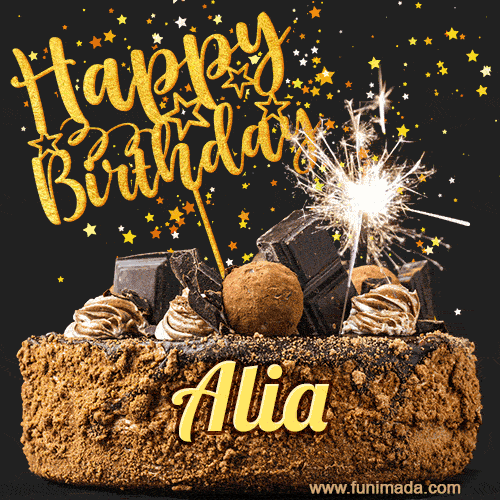Celebrate Alia's birthday with a GIF featuring chocolate cake, a lit sparkler, and golden stars