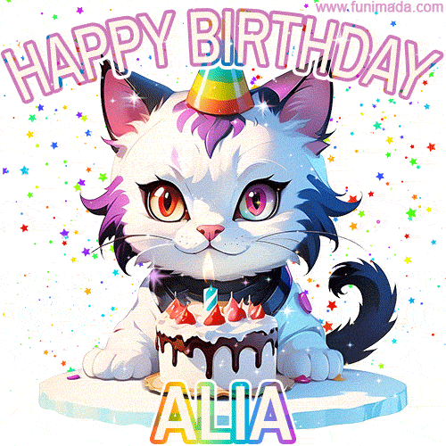 Cute cosmic cat with a birthday cake for Alia surrounded by a shimmering array of rainbow stars