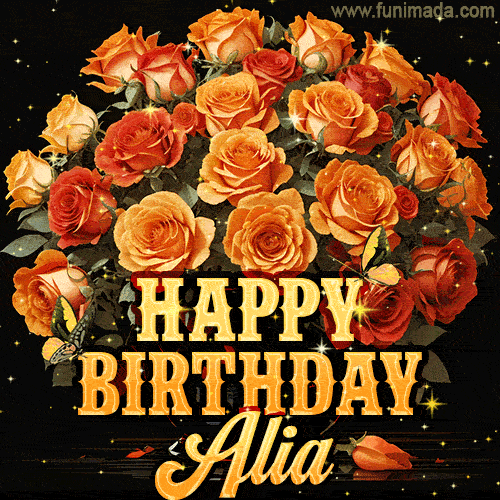 Beautiful bouquet of orange and red roses for Alia, golden inscription and twinkling stars