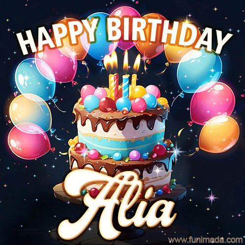 Hand-drawn happy birthday cake adorned with an arch of colorful balloons - name GIF for Alia