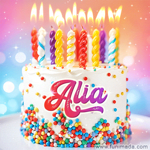 Personalized for Alia elegant birthday cake adorned with rainbow sprinkles, colorful candles and glitter