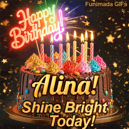Close-up of a decorative chocolate cake with a glowing neon Happy Birthday sign and warm candle flames, made for Alina.