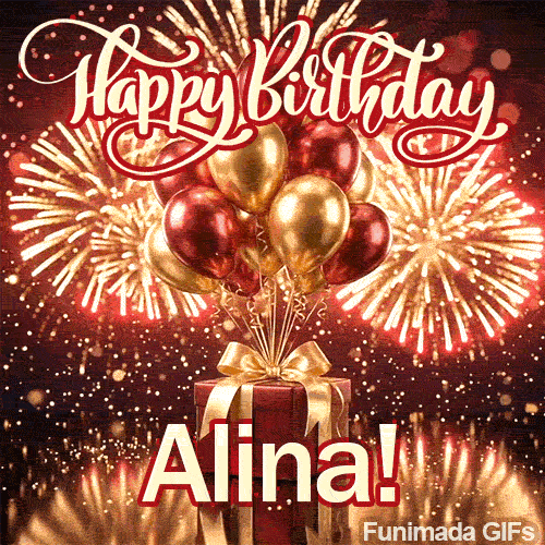 Close-up of gold fireworks exploding in the background of a customized gift box with a golden bow. Visible name: Alina