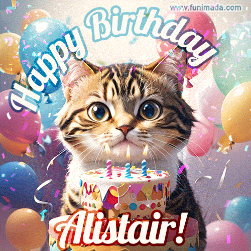 Happy birthday gif for Alistair with cat and cake