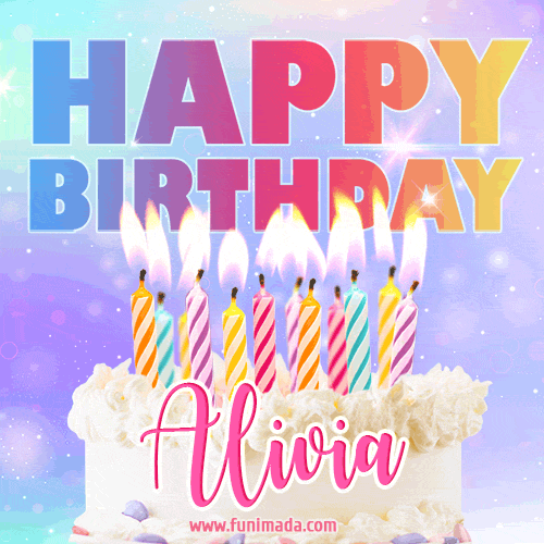 Animated Happy Birthday Cake with Name Alivia and Burning Candles
