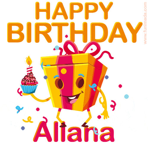 A vibrant and funny gift box character with a happy face dancing with a cupcake and the text 'Happy Birthday Allana,' surrounded by animated confetti and party vibes.
