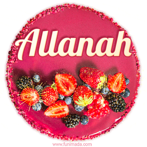 Beautifully decorated red velvet berry birthday cake with vibrant fruits and a glowing 'Allanah' name, adding a touch of sweetness and sparkle.