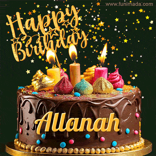A delightful chocolate birthday cake with bright candles and 'Happy Birthday Allanah' written in gold amidst a shower of animated stars.