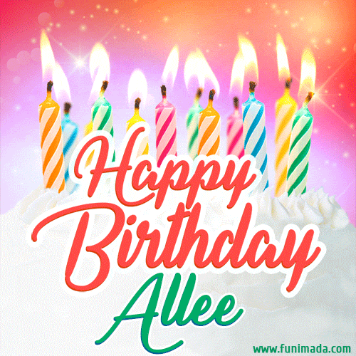 Bright birthday candles with rainbow flames on a cake, alongside the text 'Happy Birthday Allee' in vibrant script in this celebratory animated GIF.