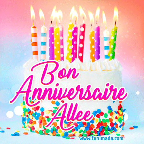 A white birthday cake covered in colorful sprinkles, topped with bright candles, and French text 'Bon Anniversaire Allee' on a pastel gradient background in an animated GIF.