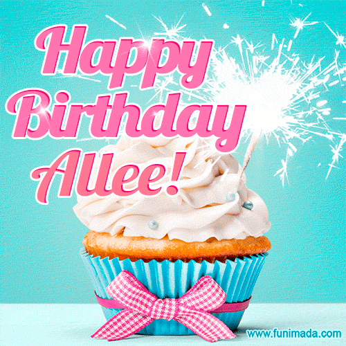 A festive cupcake with pink icing, a gingham bow, and a lit animated sparkler, paired with 'Happy Birthday Allee!' in bright pink text.