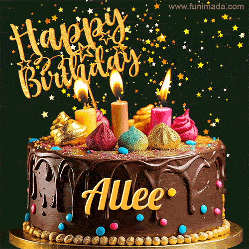 A delightful chocolate birthday cake with bright candles and 'Happy Birthday Allee' written in gold amidst a shower of animated stars.
