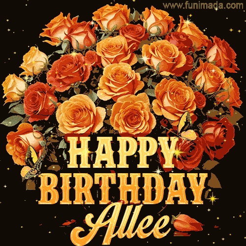 Animated bouquet of orange roses with moving butterfles and golden 'Happy Birthday Allee' text, surrounded by sparkling accents and a dark backdrop for a luxurious feel.