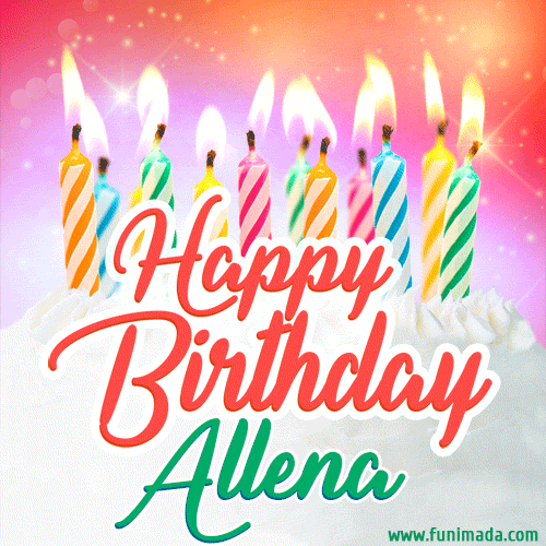 Bright birthday candles with rainbow flames on a cake, alongside the text 'Happy Birthday Allena' in vibrant script in this celebratory animated GIF.