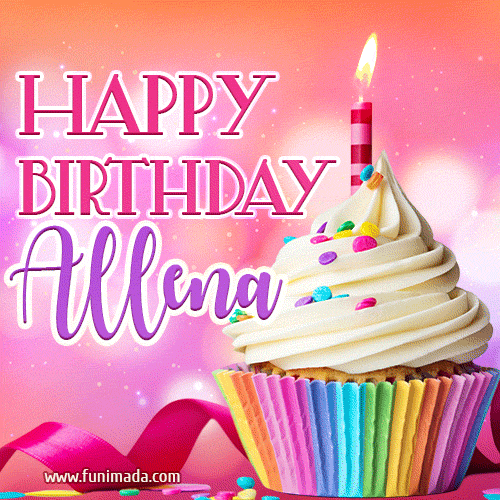 A vibrant birthday GIF featuring a rainbow-colored cupcake topped with white frosting, sprinkles, and a lit candle. The text reads 'Happy Birthday Allena' in bold pink and violet letters with white outline.