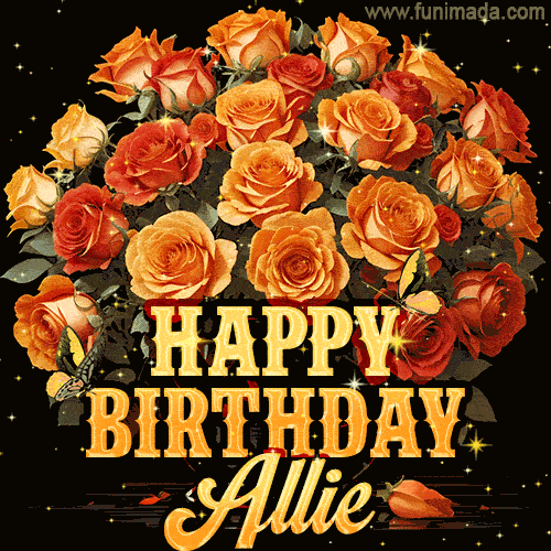 Beautiful bouquet of orange and red roses for Allie, golden inscription and twinkling stars