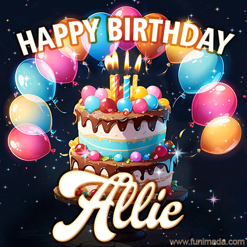Hand-drawn happy birthday cake adorned with an arch of colorful balloons - name GIF for Allie