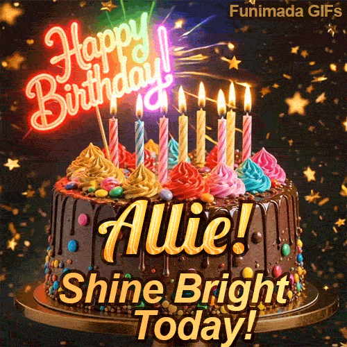 Warm flickering candles on top of a chocolate glaze cake with Allie's name in elegant writing.