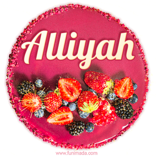 Beautifully decorated red velvet berry birthday cake with vibrant fruits and a glowing 'Alliyah' name, adding a touch of sweetness and sparkle.