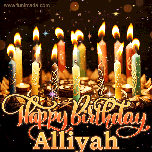 A glowing personalized birthday GIF with name Alliyah featuring lit candles with intricate designs, warm lighting, and the text 'Happy Birthday' in an elegant font.