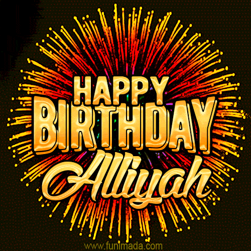 Golden 'Happy Birthday Alliyah' text accompanied by animated rainbow fireworks for a festive animated greeting.