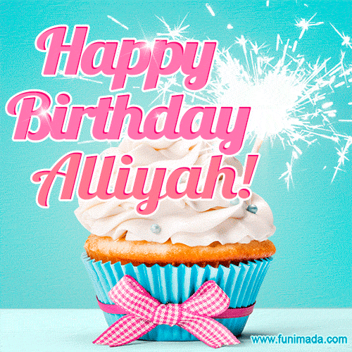 A festive cupcake with pink icing, a gingham bow, and a lit animated sparkler, paired with 'Happy Birthday Alliyah!' in bright pink text.