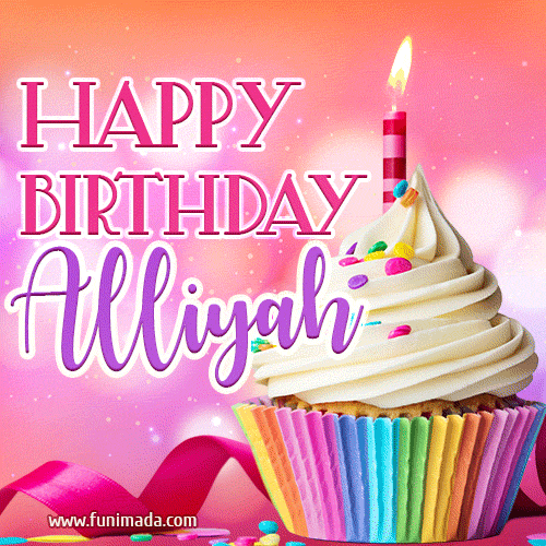 A vibrant birthday GIF featuring a rainbow-colored cupcake topped with white frosting, sprinkles, and a lit candle. The text reads 'Happy Birthday Alliyah' in bold pink and violet letters with white outline.