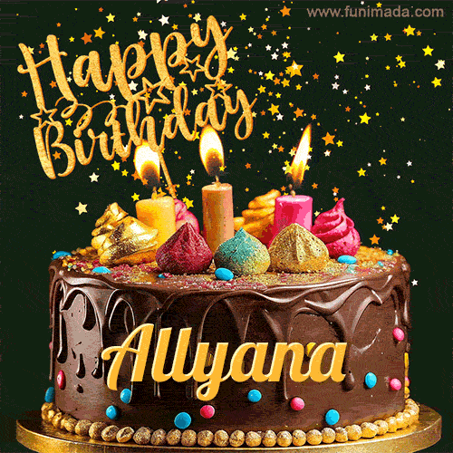 A delightful chocolate birthday cake with bright candles and 'Happy Birthday Allyana' written in gold amidst a shower of animated stars.