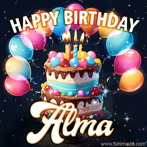 Bright birthday animation for Alma with a chocolate cake, candles, balloons, and glowing celebratory lights.