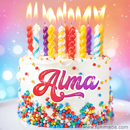 A cheerful white birthday cake with multicolor sprinkles, lit candles, and 'Alma' written in vibrant letters, in an animated GIF.