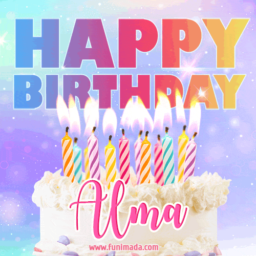 Animated Happy Birthday Cake with Name Alma and Burning Candles