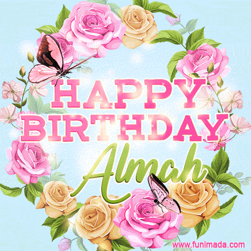 A charming animated GIF featuring 'Happy Birthday Almah' in pink and green text, surrounded by delicate roses, leaves, and fluttering butterflies on a soft light blue pastel background.