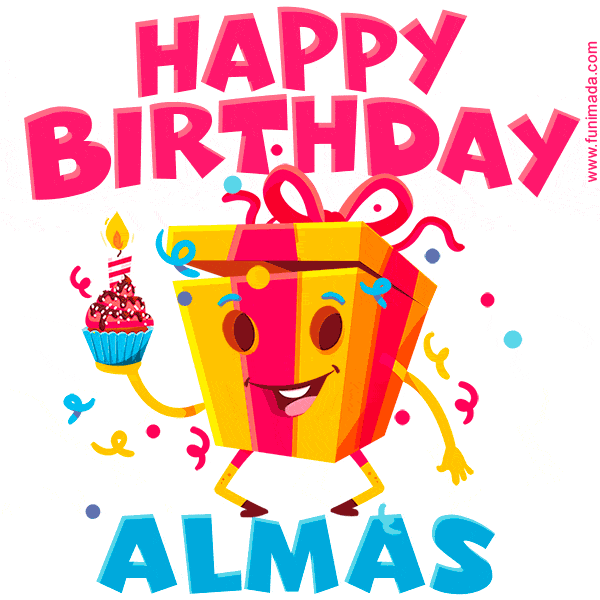 A vibrant and funny gift box character with a happy face dancing with a cupcake and the text 'Happy Birthday Almas,' surrounded by animated confetti and party vibes.