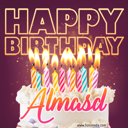A colorful birthday cake topped with lit candles, with the words 'Happy Birthday Almasd' in bold glowing letters on a burgundy background. Animated flames add a festive touch.