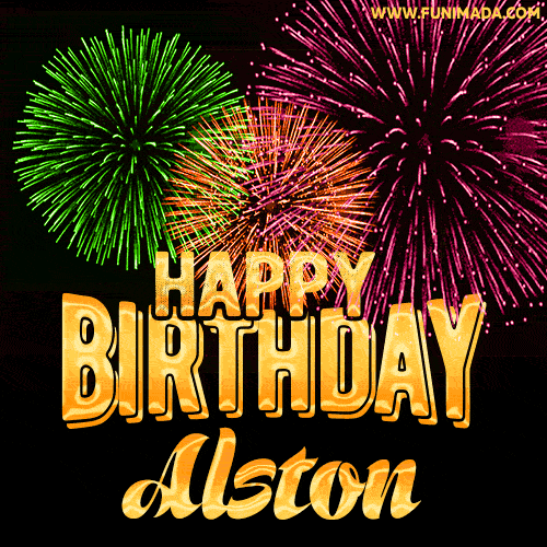 Wishing You A Happy Birthday, Alston! Best fireworks GIF animated greeting card.