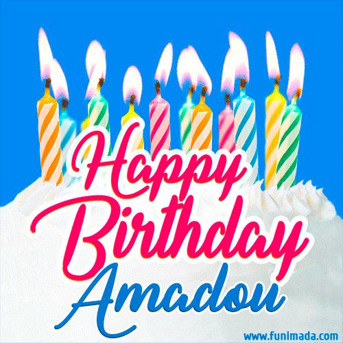 Happy Birthday GIF for Amadou with Birthday Cake and Lit Candles
