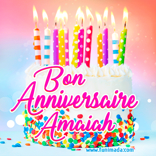 A white birthday cake covered in colorful sprinkles, topped with bright candles, and French text 'Bon Anniversaire Amaiah' on a pastel gradient background in an animated GIF.
