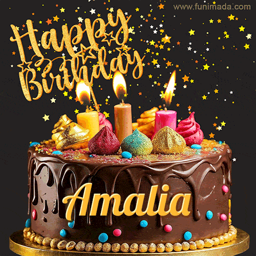 A delightful chocolate birthday cake with bright candles and 'Happy Birthday Amalia' written in gold amidst a shower of animated stars.