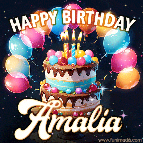 Bright birthday animation for Amalia with a chocolate cake, candles, balloons, and glowing celebratory lights.