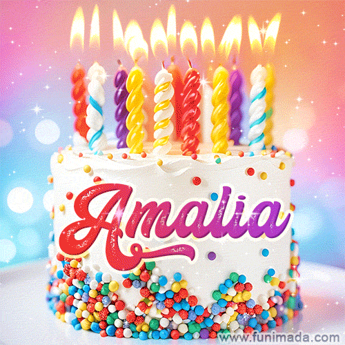 A cheerful white birthday cake with multicolor sprinkles, lit candles, and 'Amalia' written in vibrant letters, in an animated GIF.