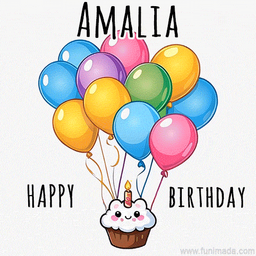 An adorable and cute cupcake with a smiley face and moving colorful balloons create a joyful birthday greeting for Amalia in this cheerful animated greeting E-card.