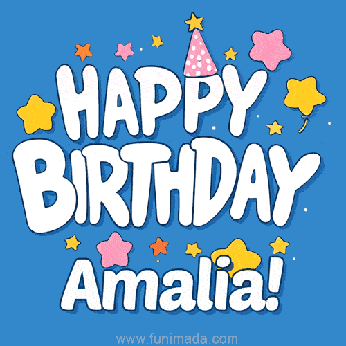 Colorful animated birthday card with the text 'HAPPY BIRTHDAY Amalia!' in a white playful font surrounded by stars, hearts, and a party hat on a blue background.