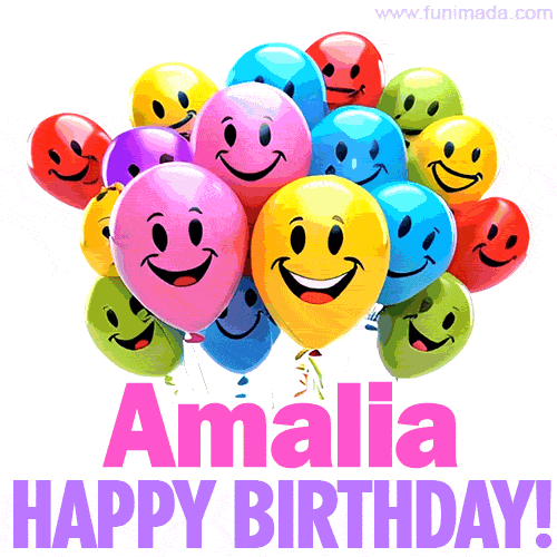Animated colorful and joyful birthday balloons with cheerful smiles and a bright 'Happy Birthday Amalia!' message in pink and purple.