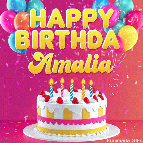 Pink-themed animated greeting with balloons, confetti, and a frosted cake under the message 'Happy Birthday Amalia' in bold rounded yellow font.