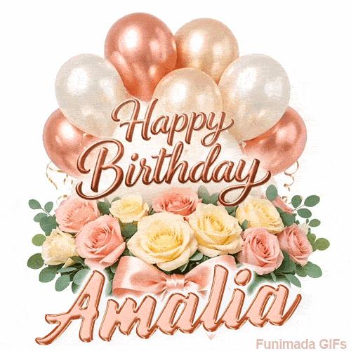 Rose gold balloons and beautiful flowers wishing Happy Birthday to Amalia