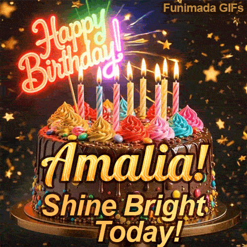 Burning birthday candles on top of a chocolate drip cake with the text Shine Bright Today! at the base, custom-designed for Amalia.