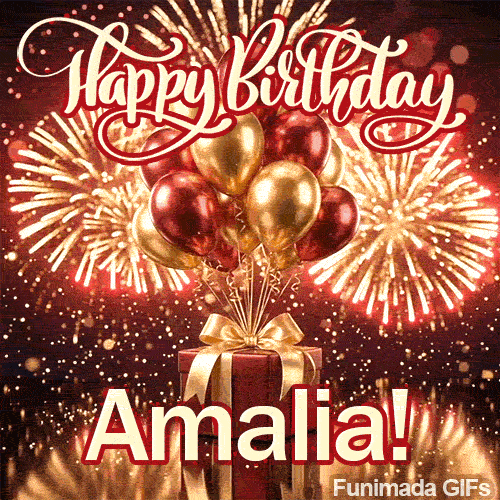 Exploding fireworks in gold and red above a gift box with the text Amalia in bold lettering, custom-designed for her.