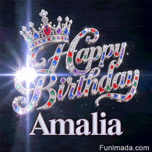Cute royal-themed animation with the name Amalia, featuring a silver crown and shiny diamond cursive letters.