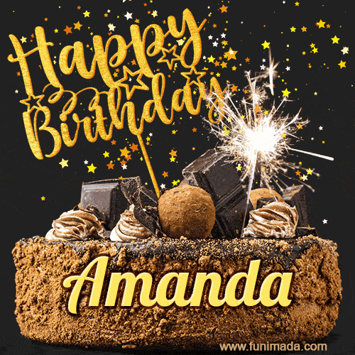 Celebrate Amanda's birthday with a GIF featuring chocolate cake, a lit sparkler, and golden stars