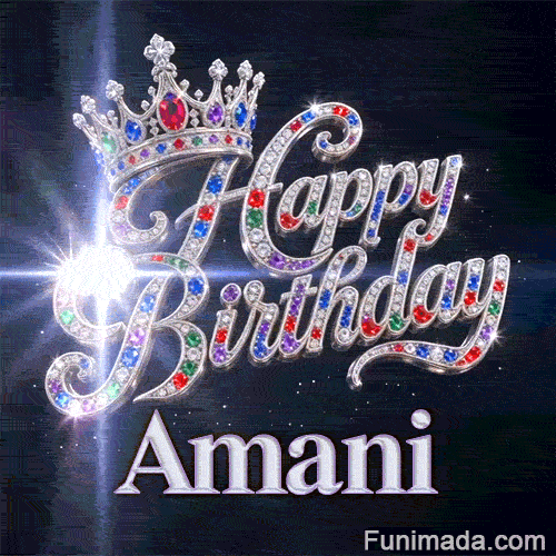Festive queen crown GIF with the name Amani, decorated with colorful gems, diamonds, and a sparkly lens flare.